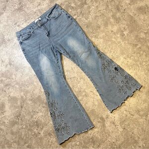 BAMBOO Light Blue Cross Embroidered Flare Jeans Size 18 Y2K